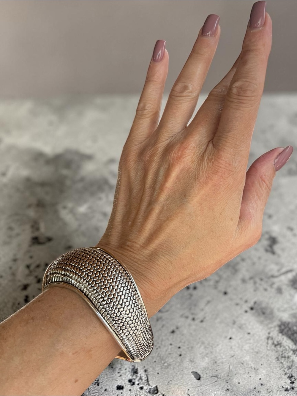 Silver Tone Textured Hinged Magnetic Closure Statement Cuff Bracelet